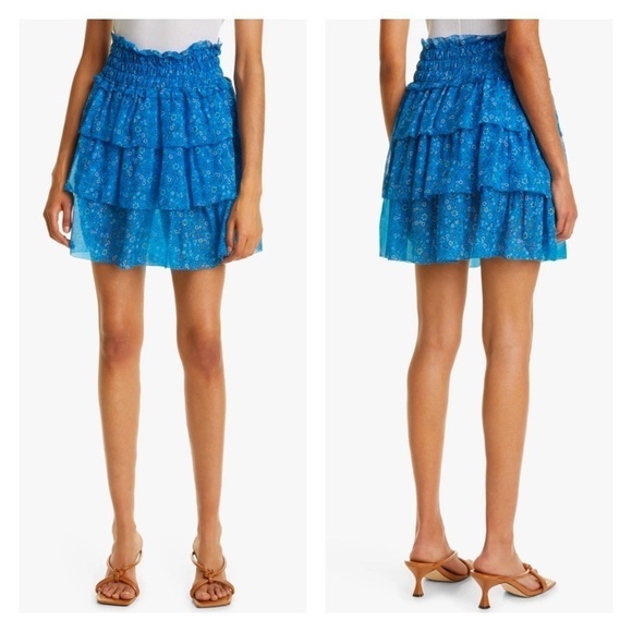 NWT Haute Hippie Smocked Silk Chiffon Floral Paisley Mini Skirt Bright Blue 8 - Picture 1 of 8